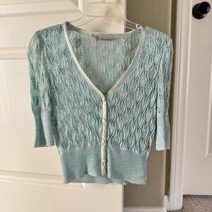 St. John Couture Blue Lace Knit Cardigan with V-Neck and 3/4 Sleeves